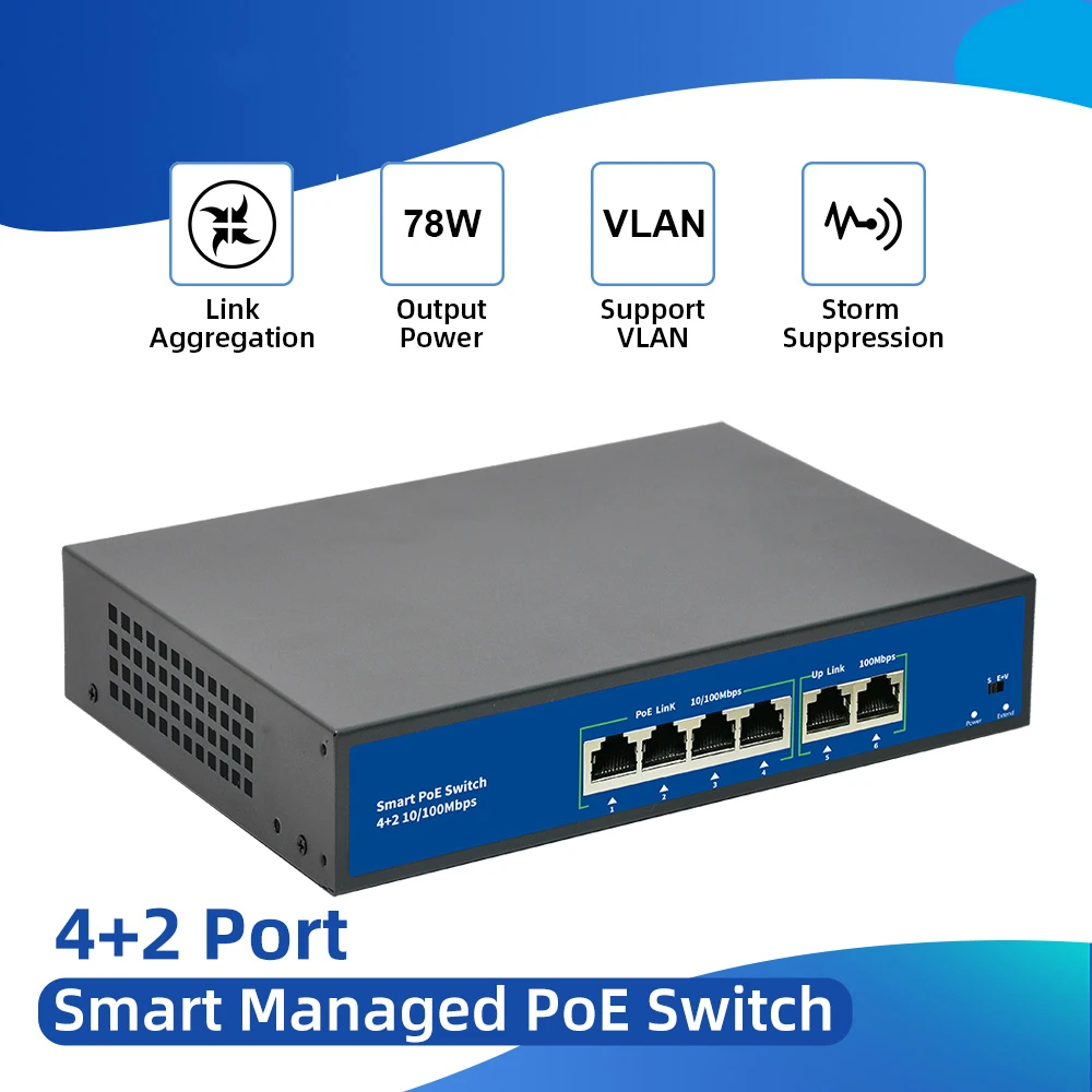 

Коммутатор Ethernet, 4 + 2 порта, 100 Мбит/с, с подсветкой камеры, VLAN, 6-портовый коммутатор POE, коммутатор POE 52 в