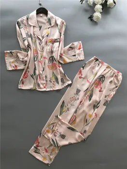 

Spring New Printing Women Pajama Set Long Sleeve Leisure Loose Pyjamas Women's Satin Pajamas Set