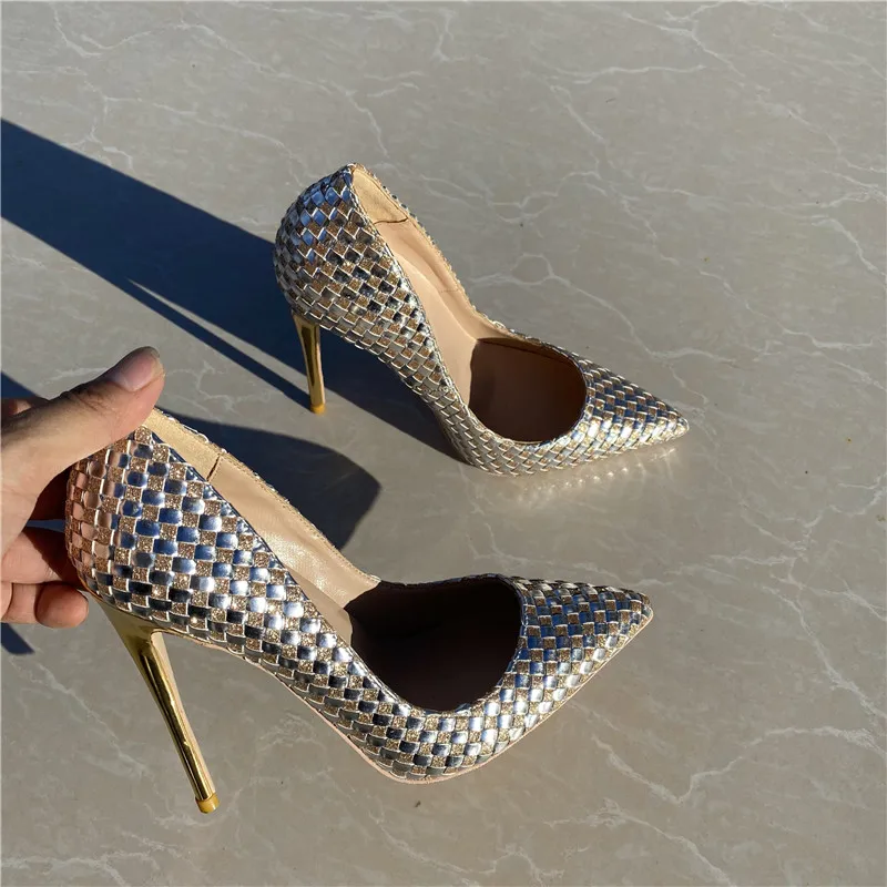 Ke Shang Jia Shiny Plaid Women Stilettos High Heels Bling Party Dress Shoes Ladies Ponited Toe Slip On Pumps Size 33-46