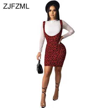 

Autumn Winter 2 Piece Matching Sets Women Long Sleeve T Shirt+Letter Print Spaghetti Strap Short Dress Fashion Tracksuit Outfits