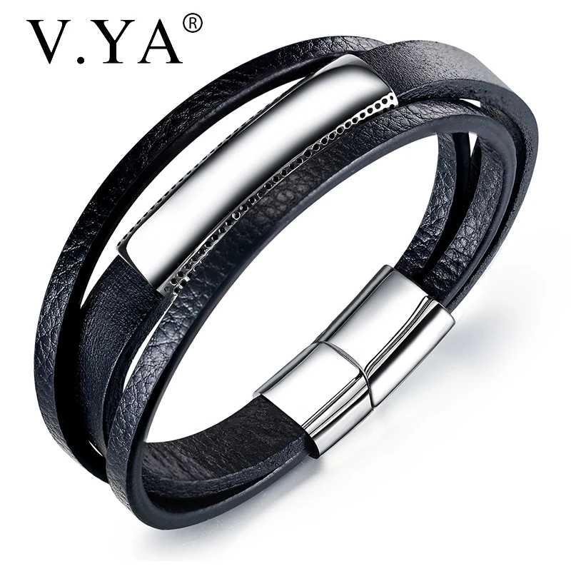 Мужской кожаный браслет V.YA черный простой с гравировкой имени регулируемый для