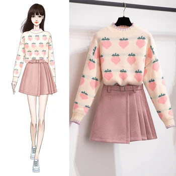 

loose new winter sweater languid joker wearing sweater tweed cloth belt skirt two pcs clothing set leisure suits warm good SALE
