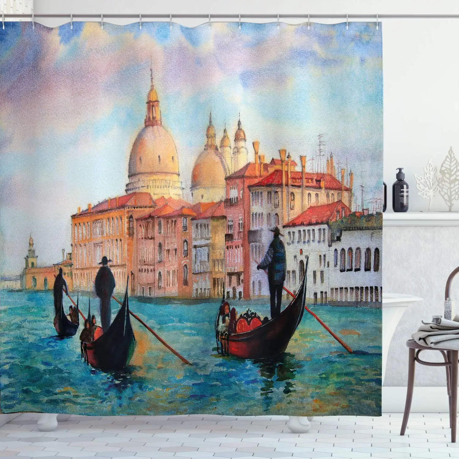 Watercolor Painting of Venice Serene Cityscape Antique Gondolas Scenic Cloth Bathroom Decor