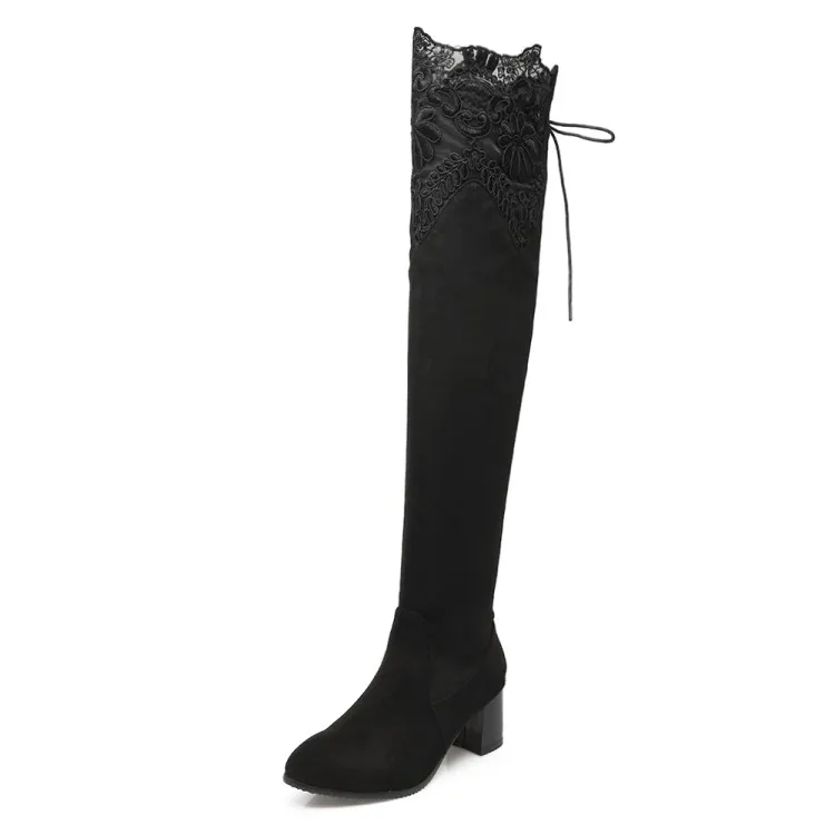 Женские ботфорты из эластичной ткани; обувь с острым носком; пикантные женские вечерние сапоги на высоком каблуке; обувь на шнуровке; женская зимняя обувь; MAZIAO - Цвет: Черный