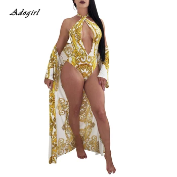 

Sexy Print Cross Bandage Bodysuit Swim suit Cover Up Summer Deep V Neck Bodysuit with Cape Coat Beach Two Piece Set Plus Size