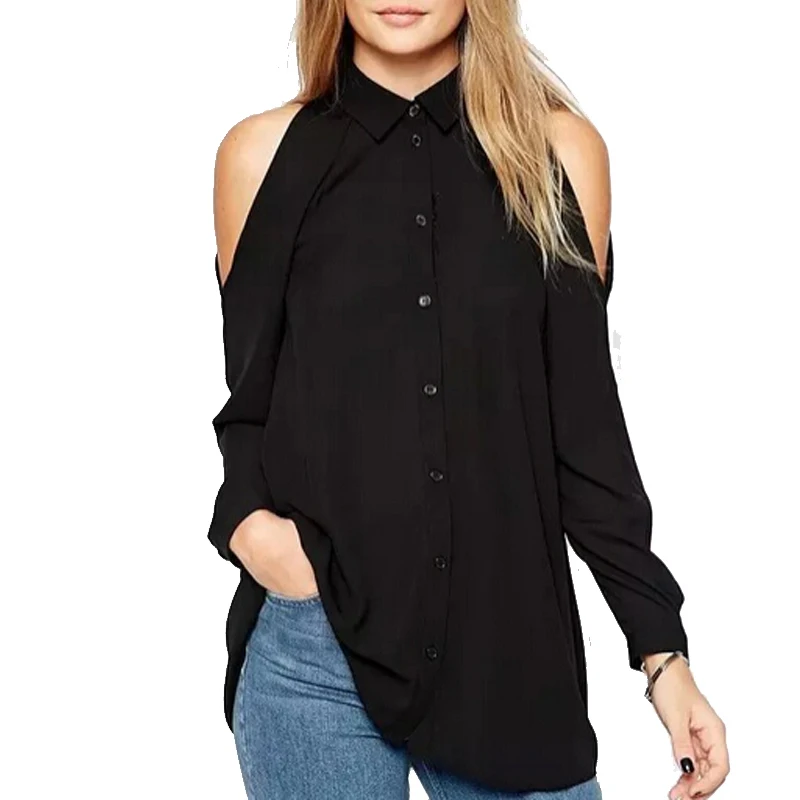 Новая мода, осенне-зимняя женская блуза с длинным рукавом и отложным воротником, повседневные шифоновые длинные рубашки размера плюс 6XL - Цвет: Black