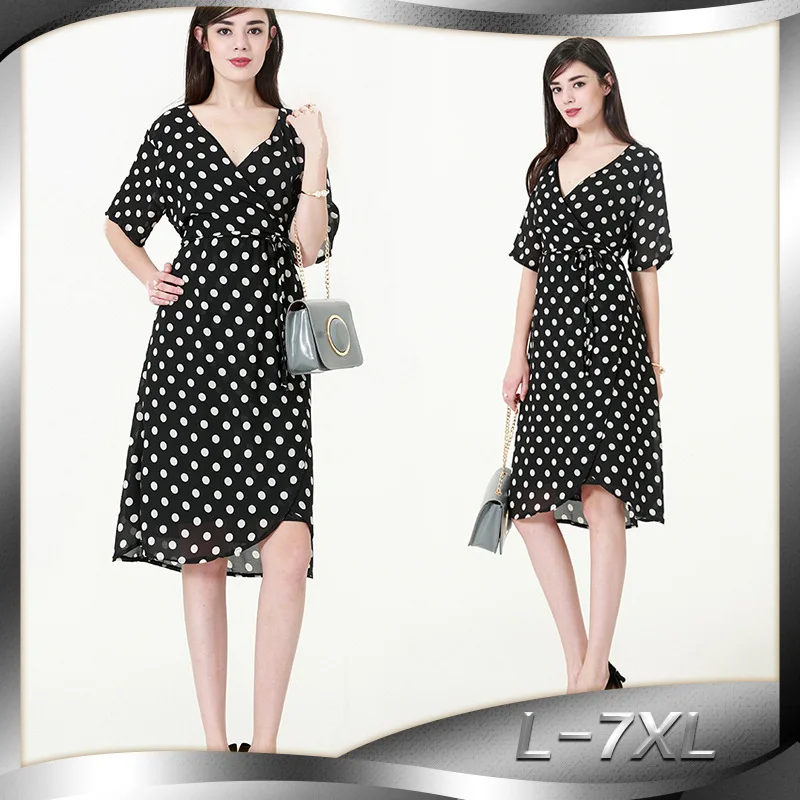 

Summer New 2019 Fashion Dot Chiffon Loose Dress V-neck Large Size Sexy Irregular Temperament Dress for Woman