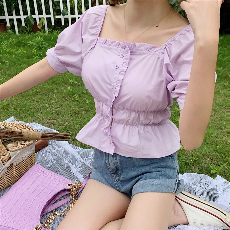COIGARSAM 4XL Plus Size French Style Shirt Womens tops Summer Square Collar High Waist Women shirts Lavender 615 | Женская одежда