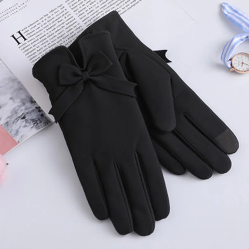 Зимние женские перчатки с бантом, женские зимние перчатки с сенсорным экраном, теплые перчатки, ветрозащитные замшевые Утепленные перчатки для езды на велосипеде, E74