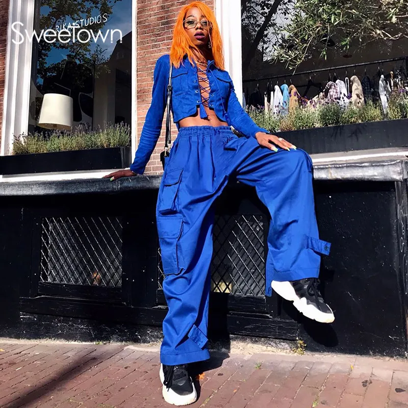 Sweetown Black Baggy Wide Leg Cargo Pants Women Casual Plus Size Streetwear Outfits Big Pockets Elastic Waist Hippie Pants Blue Sweetown Black Baggy Wide Leg Cargo Pants Women Casual Plus Size Streetwear Outfits Big Pockets Elastic Waist Hippie Pants Blue