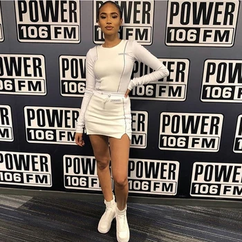 

2pcs Autumn White Sets Women Long Sleeve Reflective T-shirts Tops&High Waist Short Mini Drawstring Skirts Outfits Sets