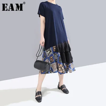 

[EAM] Women Pattern Printed Ruffles Temperament Dress New Round Neck Short Sleeve Loose Fit Fashion Spring Summer 2020 1T347