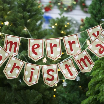 

Merry Christmas Banner Linen Flag Bunting DIY Hanging Fireplace Door Window Decoration Xmas New Year Festival Party Supply