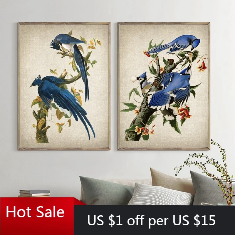 Art Prints Columbia Vintage Bird Illustration Poster Canvas Painting Blue Pictures for Living Home Room Decor Wall | Дом и сад