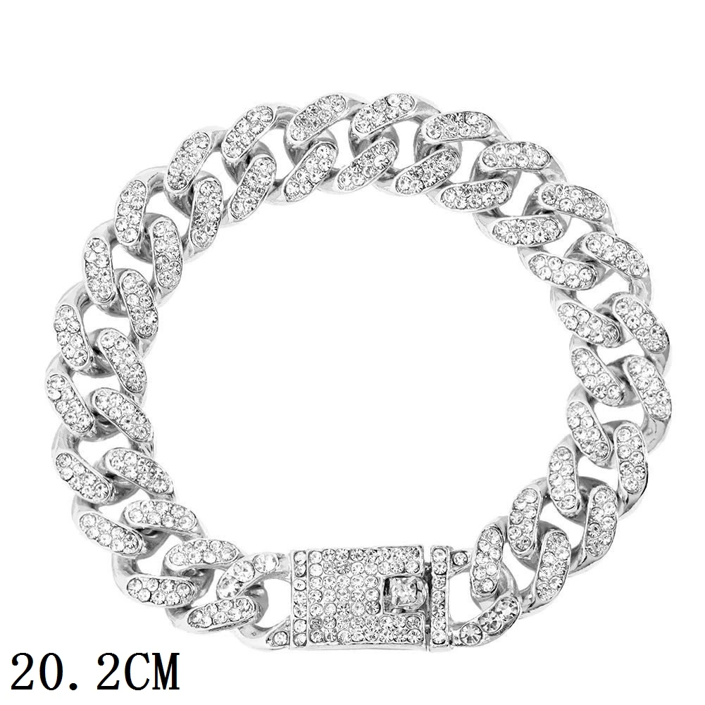 New Fashion Luxury 12mm Iced Out Cuban Link Chain Bracelet for Women Men Gold Silver Color Bling Rhinestone Bracelet Jewelry 