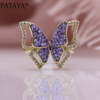 

PATAYA New Purple Romantic Double Butterfly Open Rings Natural Zircon Women Hollow Rings Party Gift Unique Fine Fashion Jewelry