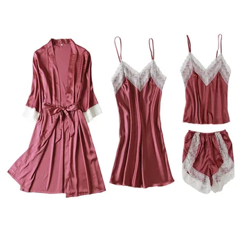 

Women Summer Pajamas 4PCS Set Female Femme Satin Sleepwear Burgundy Pink Navy Blue Daily Bathrobe Causal Wear Nightshirt Pants
