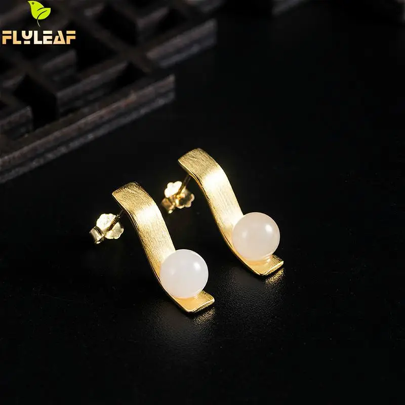 

Flyleaf Real 925 Sterling Silver Gold White Jade High Heels Stud Earrings For Women Chinese Ethnic Style Handmade Jewelry