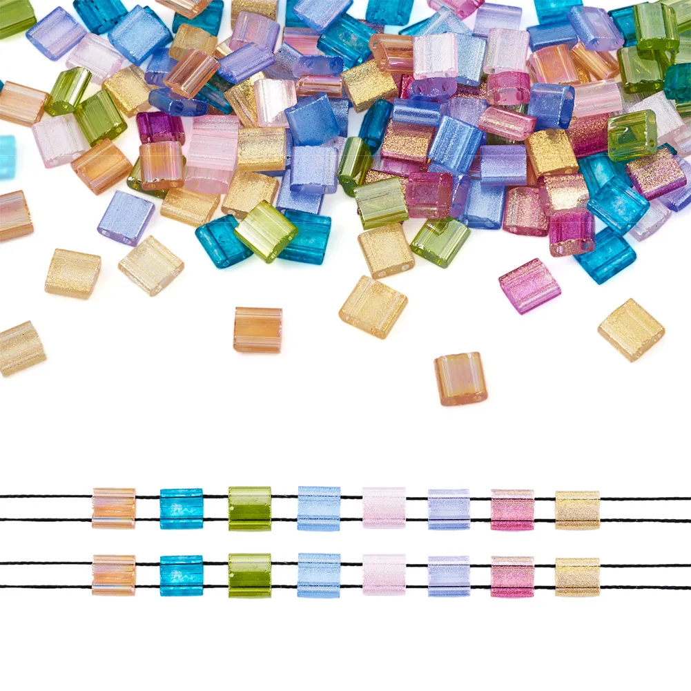 

160Pcs 8 Colors 2-Hole Glass Seed Beads Transparent Spray Painted Rectangle Bead For DIY Jewelry Making Bracelet Findings