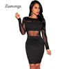 XS-XXL Sexy Bandage Dress New Winter Black White Dress Long Sleeve Mesh Patchwork Hollow Out Pencil Bodycon Dress Female Dresses ► Photo 3/6