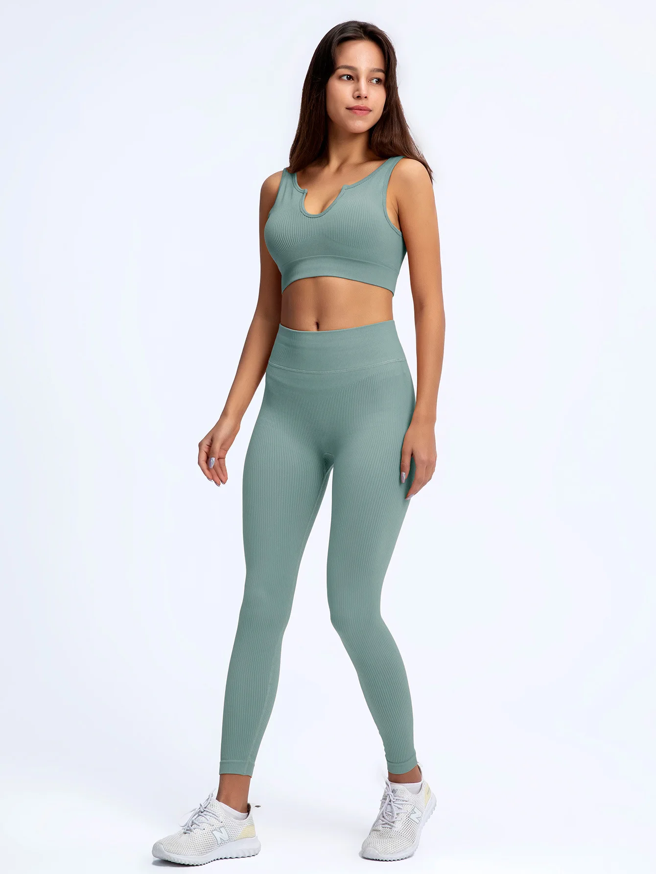 BURGUNDY 2 Piece Set Ribbed Seamless Outfits Yoga Leggings Fitness Wear Womens Sports Bra Gym Pants Workouts Scoop Notch CARAMEL