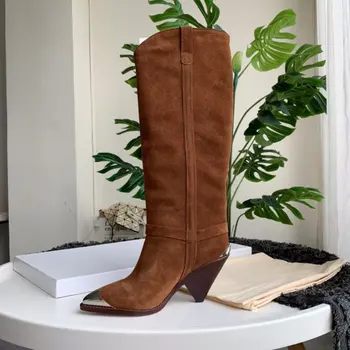 

Designer Rhinestone Knee High Suede Boots Women Metal Toe Gemstone High Heel Boots Ladies Long Cowboy Boots 2020