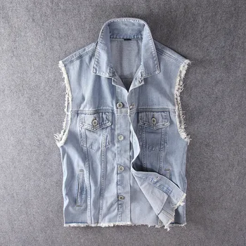 

Men's 2020 autumn light color denim vest trend of young people hem irregular loose burrs denim vest