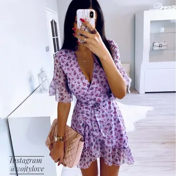 

2020 Casual Fashion Purple Prints Deep V Neck Summer Dress Women Elegant Flare Sleeve Sexy Party Beach Short Dresses Vestidos