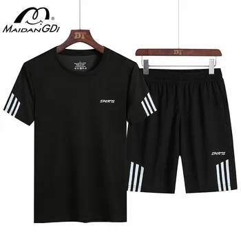 

2 Pcs Sets For Men 2020 Summer New Splice Printing Solid Cotton Quick Dry Breathable Gym Short Sleeve And Shorts Training Suits
