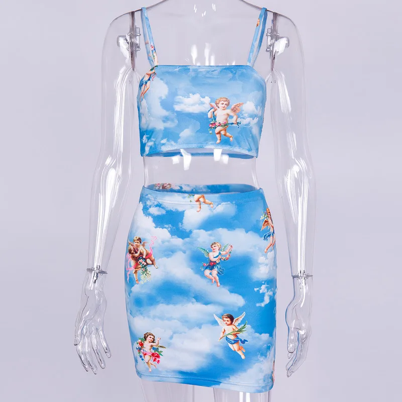 poedkl Women Skirt Little Angel Print Top Skirt Suit Two-Piece Set Small Angle Print Short Top T-Shirt
