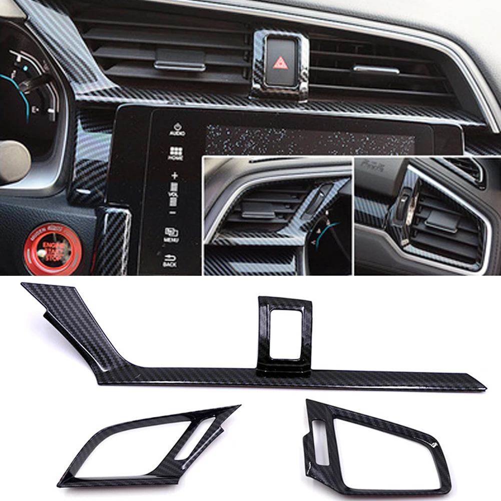 CAUORMOTE 3Pcs Carbon Fiber Dashboard Air Vent Cover for Honda Civic 10th 2016 2017 Interior Car Accessories 