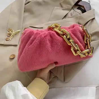 

Fashion Plush Women Handbag Thick Chain Solid Cloud Purse Shoulder Underarm Bags Pleated Dumpling Shoulder Messenger Bags