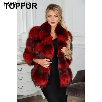 

TOPFUR Fashion Winter Silver Fox Fur Coat Luxury Whole Skin Female Jacket With Fur Collar Red Color Women Natural Fur Coat