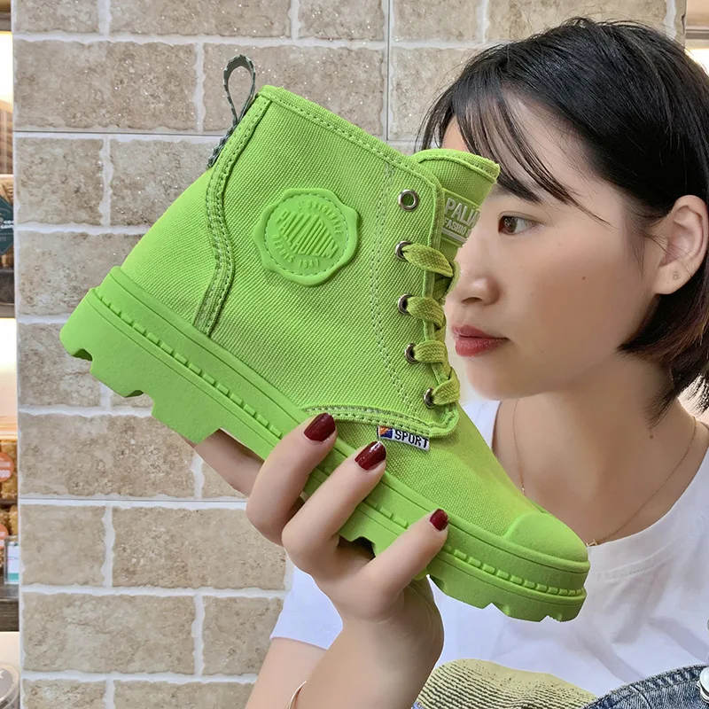 

British Style Early Autumn Canvas Motorcycle Boots Women's Flat Lace-up Martin Boots Hight-top Retro Street Versatile Women's Bo