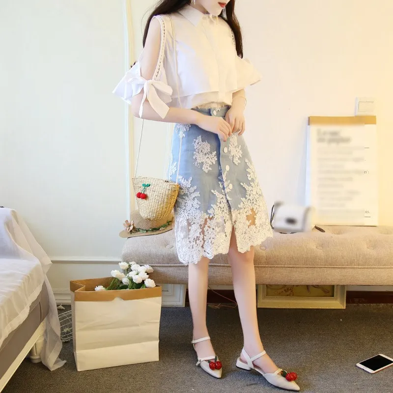 New Summer Women Embroidery Lace Skirt Set Sweet 2 Piece Half Sleeve Bowknot Shirts And Denim Midi Skirt Suit