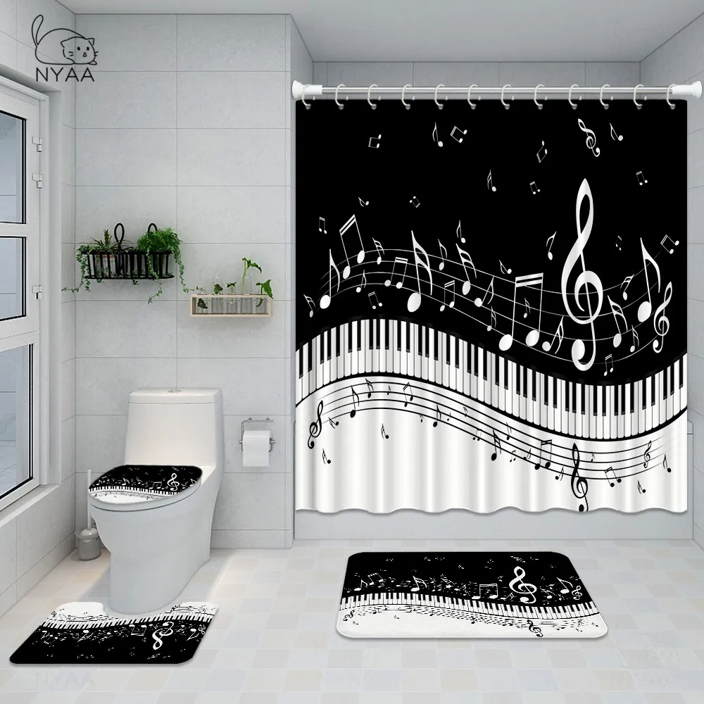 Mildew Waterproof Shower Curtain Set With Hooks Piano Key Music Note