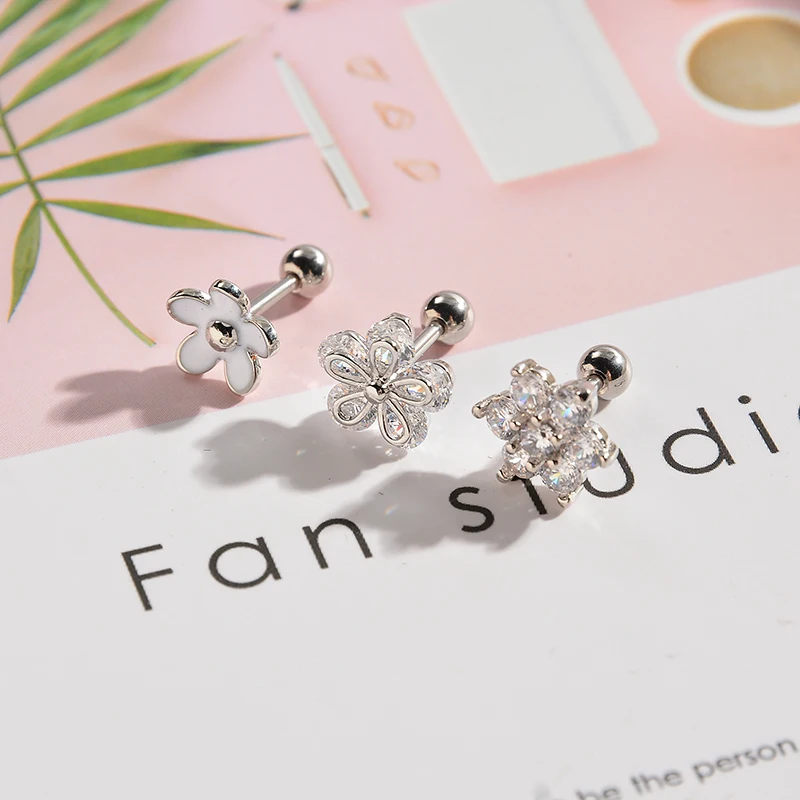 3pcs CZ Flower Ear Piercing Jewelry Shellhard Ear Tragus Cartilage Piercing Women Helix Ear Stud Barbell Piercing Sexy Jewelry