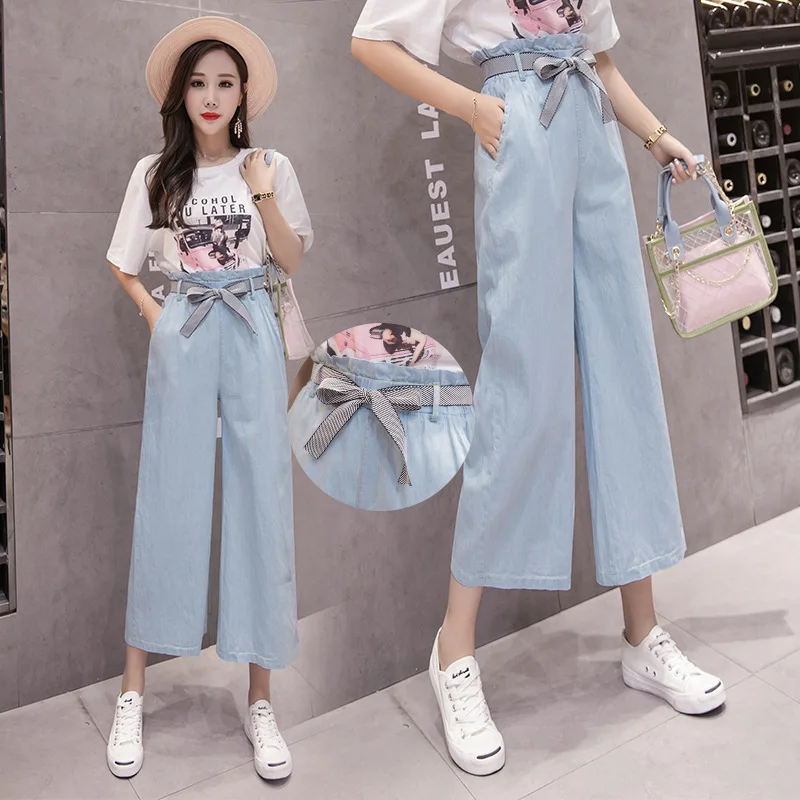 

Tencel Capri Jeans Women's Ultra-Thin-Summer New Style Drape Wide-Leg Straight-Leg Pants