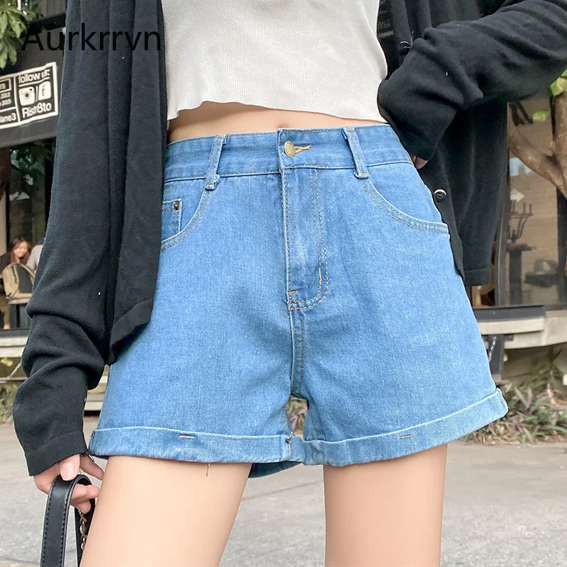 

Aurkrrvn Women's Denim Shorts Classic Vintage High Waist Blue Wide Leg Female Caual Summer Ladies Shorts Jeans for Women 2020