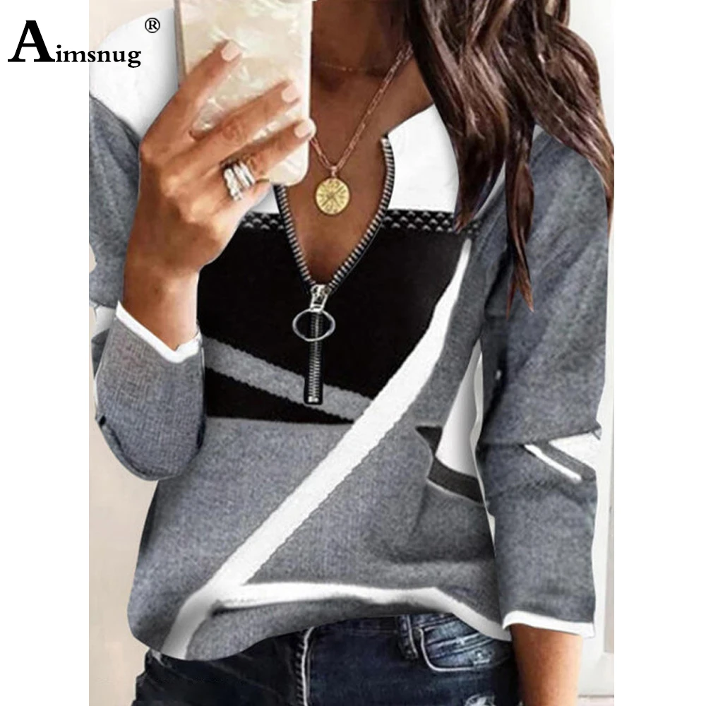 

Aimsnug Plus Size Women Spliced T-shirts Oversized 2022 Spring Autumn Basic Top Casual Long Sleeve Zipper Pullover Femme 4XL 5XL
