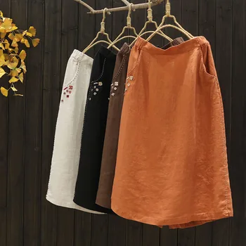 

7404 New Spring Women Skirt Literary Linen Loose Casual Embroidered midi skirt High Waist A-line skirt
