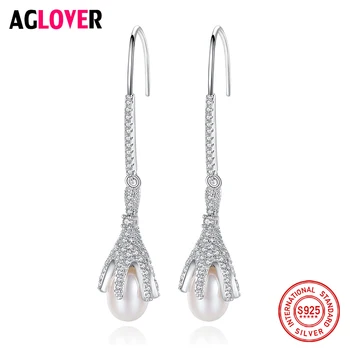 

AGLOVER New Real 925 Silver Zircon Pearl Earrings Natural Freshwater Pearl Earrings For Women Fine Jewelry Lady Gift Wholesale