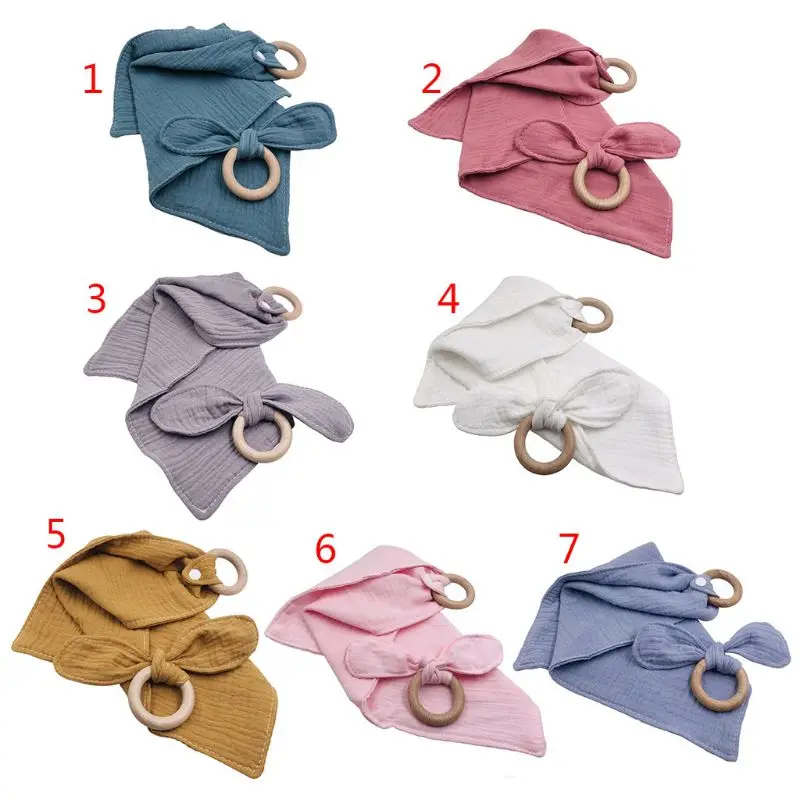 1Set Baby Cotton Bibs Beech Wooden Ring Pacifier Rabbit Ear Teether Saliva Towel | Мать и ребенок
