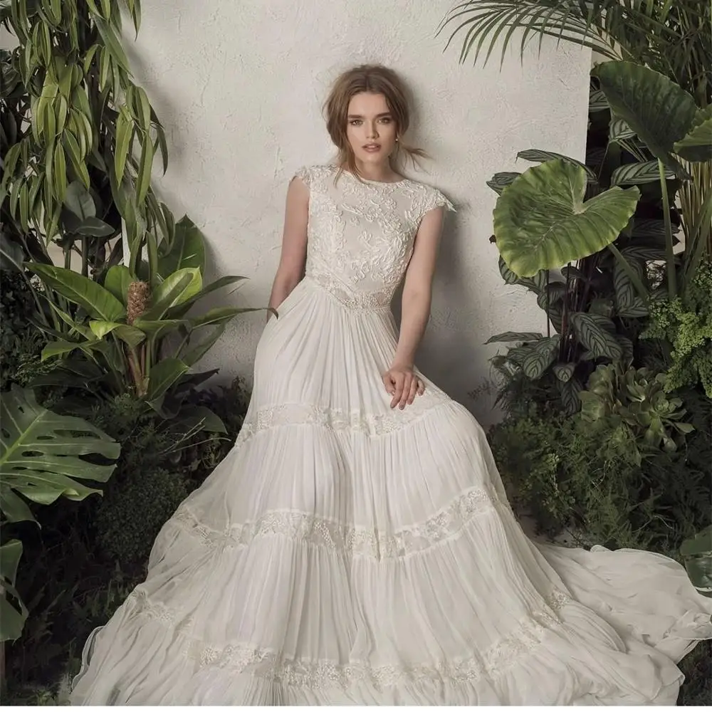 LSYX Simple Wedding Dress Pleat Design A-line Open Back O-neck Lace Appliques Simple Bridal Gowns For Women Sweep Train Charming charming a line chiffon deep v neck wedding dress 2021 sweep train lace appliques backless bridal gowns for bride custom made