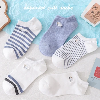 

2020 New Style Women Cute College Wind Socks Girls Striped Casual Boat Socks Cartoon embroidery Fashion Lady Short Ankle Socks