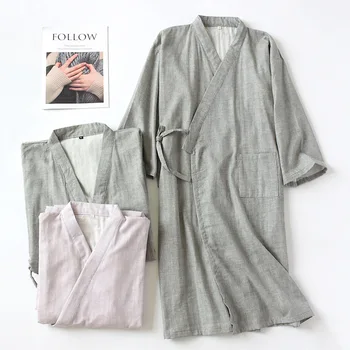 

New Couple Nightgown Thin Three Quarter Plus Size Long Sleep Robe Loose Solid Sleepwear 100% Cotton Gauze Kimono Lingerie Robe