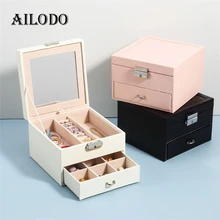 Ailodo Fashion Drawer Type Jewelry Packaging Display Box For Women Double Layers Rings Bracelets Storage Box With Mirror BX11