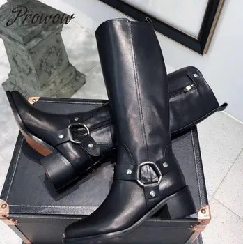 

Ollymurs Black Genuine Leather Square Toe Knee HIgh Boots Thick Heel Low Heel Moto Boots Shoes Women Zapatos Mujer