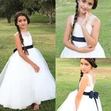 Милое винтажное белое кружевное платье с цветочным узором для девочек длинные вечерние платья трапециевидной формы в стиле принцессы с лентой для девочек