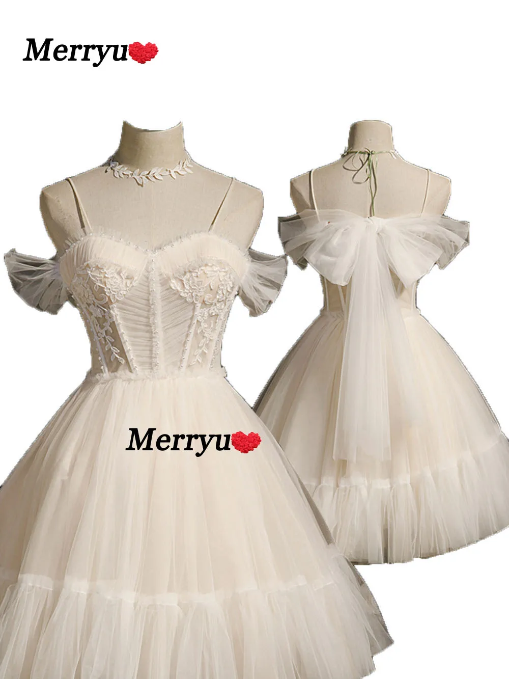 

Simple Backless Short Tulle Wedding Dresses Off the Shoulde Puffy Sleeve Mid-calf Bride Dresses